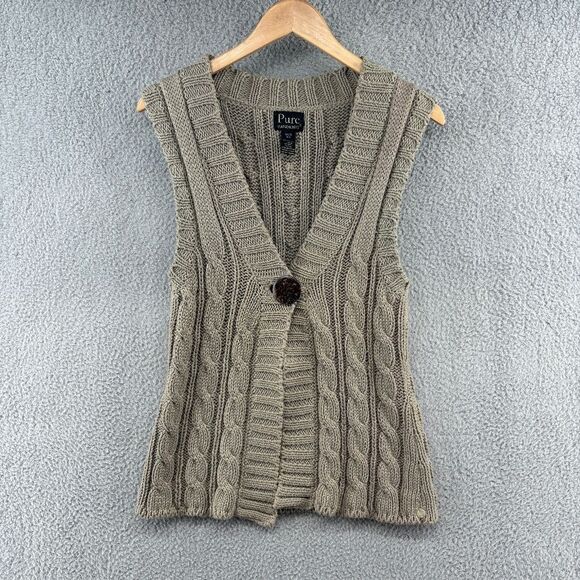 Pure Handknit Taupe Brown 100% Cotton Cable Knit Button Front Sweater Vest XS/S - Picture 1 of 12